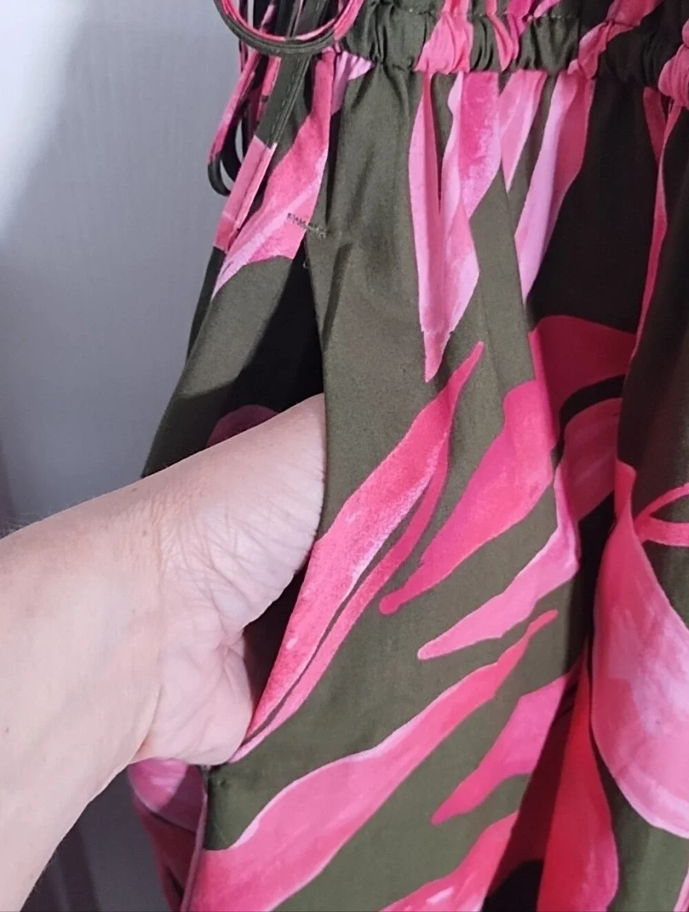Time and Tru Women's XL One Shoulder Cotton Midi Dress Pink Olive/Gray Pockets